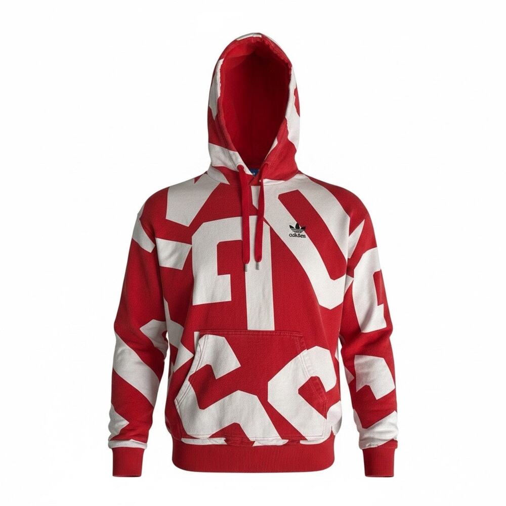 Adidas Trefoil Hoodie Red White Graphic Pullover Distressed Mens L